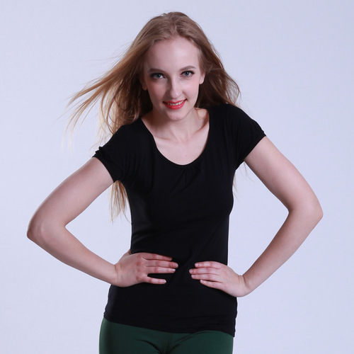 Red Dance Shoes Women's Dance Odel Front Pleat Collar Round Neck Short Sleeve T-shirt 3321
