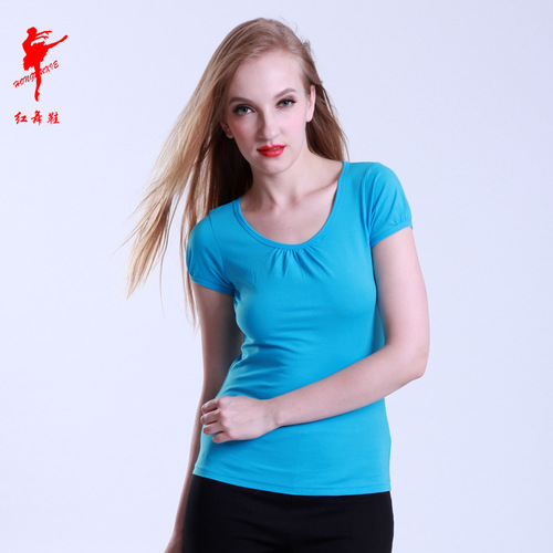 Red Dance Shoes Women's Dance Odel Front Pleat Collar Round Neck Short Sleeve T-shirt 3321