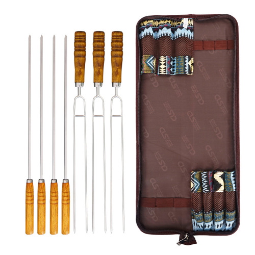 Korean outdoor BBQ grilling needle barbecue fork barbecue skewers portable stainless steel U-shaped wooden handle picnic 7-piece set wholesale