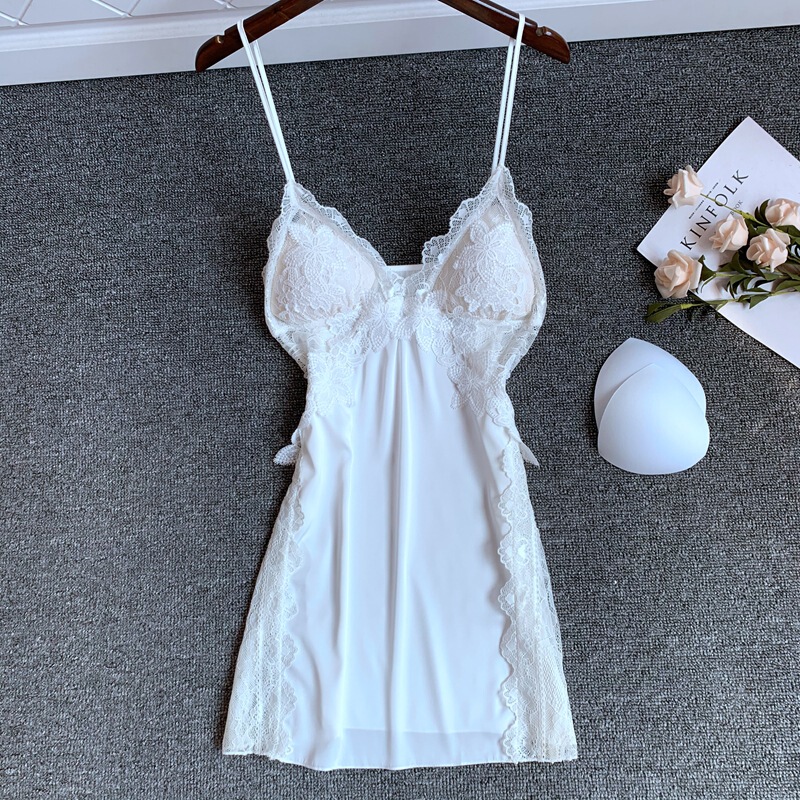 Processing Custom Sexy Pajamas Women's Spring and Summer Ice Silk Thin Home Clothes Lace Temptation Sling Nightgown with Chest Pad