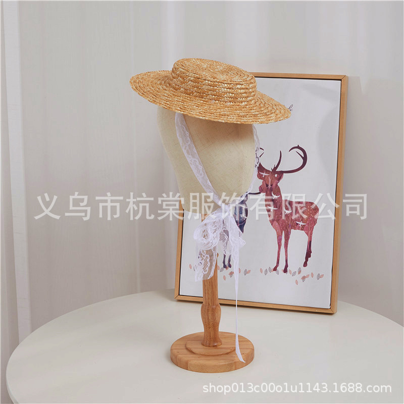 Spot direct selling handmade flat top short brim lace tie rope women's hat boutique elegant straw hat hat embryo