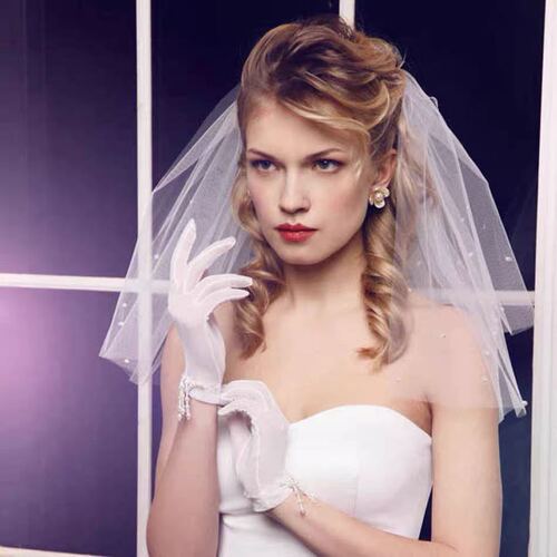 Puffy Korean style short style with hair comb wedding travel photography wedding simple bride double layer pearl hard veil