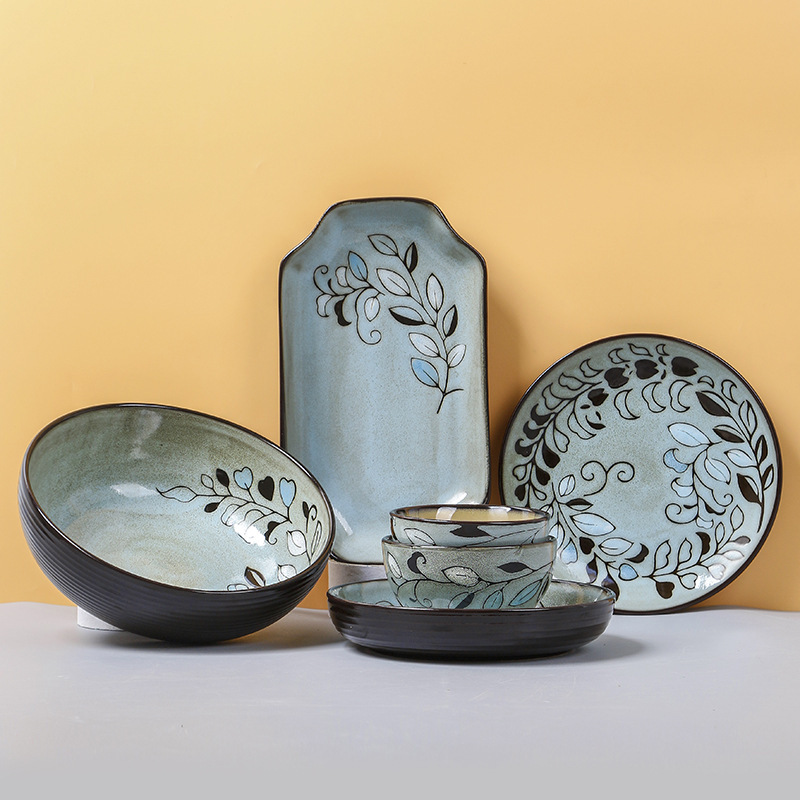 OMK Japanese style fish plate creative personalized dish deep plate ceramic home new round flat plate retro restaurant