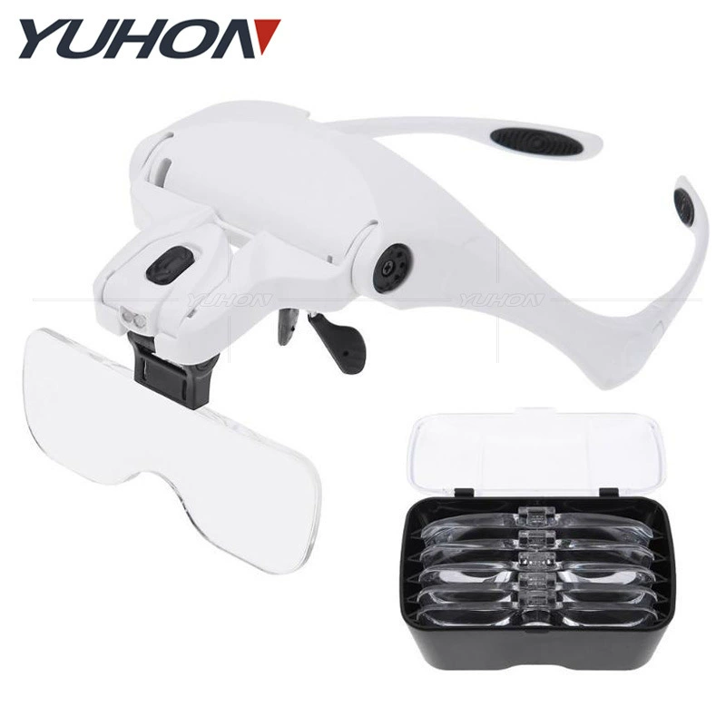 Наголовное увеличительное стекло для электронной коммерции на заводе, внешняя торговля, 5 линз с разным увеличением, два светодиода, обнаружение технического обслуживания 9892B2