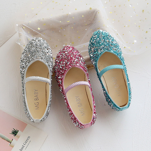 Little girl princess shoes, sequined performance shoes, small pointed toe girls' pumps, small and medium-sized children's leather shoes wholesale