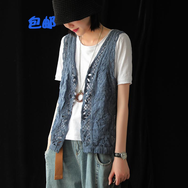 Summer and Autumn Hollow-out Vest Women's All-match Denim Orchid Literary Retro Cotton Linen Lace Knitted Waistcoat Cardigan Vest Top