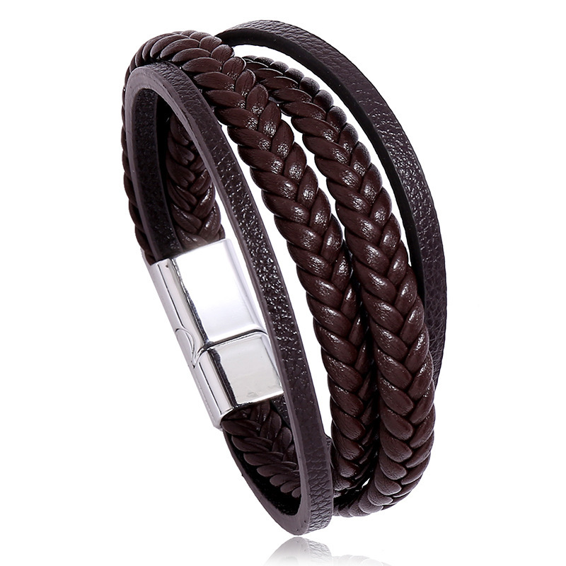 Cross-Border E-Commerce Jewelry Multi-Layer Simple Woven Men's Leather Bracelet European and American New Magnet Buckle Imitation Cowhide Bracelet Cross-Border E-Commerce Jewelry Multi-Layer Simple Woven Men's Leather Bracelet European and American New Magnet Buckle Imitation Cowhide Bracelet