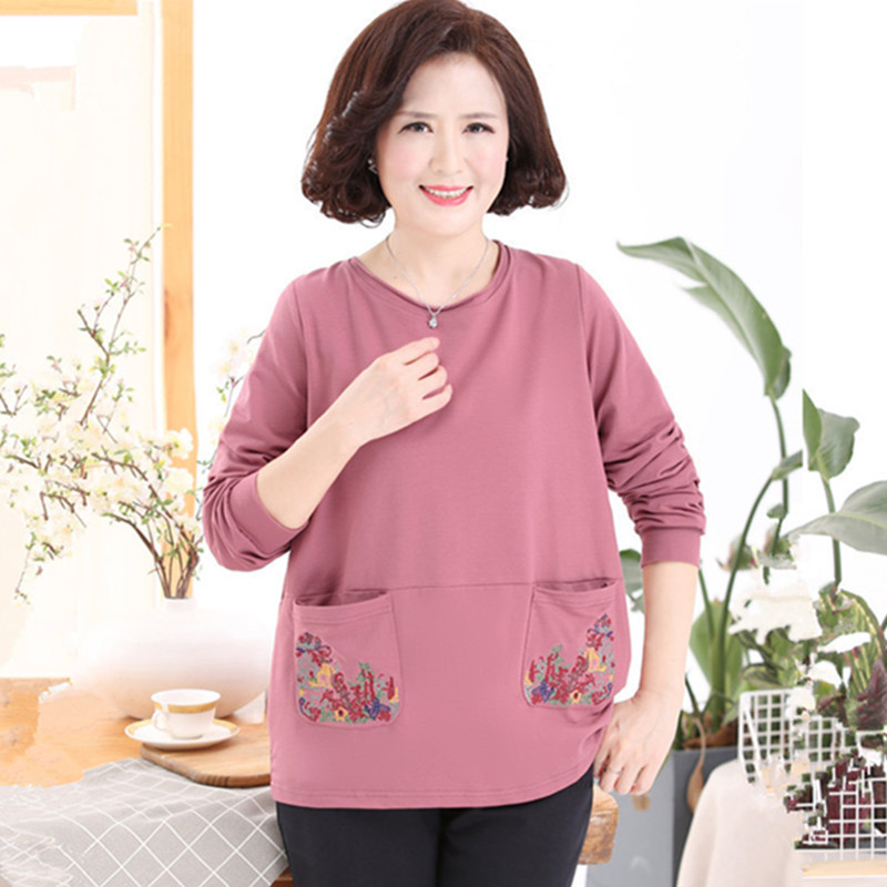Middle-aged and elderly women's autumn long-sleeved cotton T-shirt 40-year-old 50-year-old 50-year-old mother's outfit plus fat plus size 200kg foreign-style jacket
