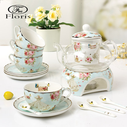 Juego de té de vidrio con tetera con diseño floral, resistente al calor, resistente a altas temperaturas, tetera con filtro y tapa, de alto valor estético.