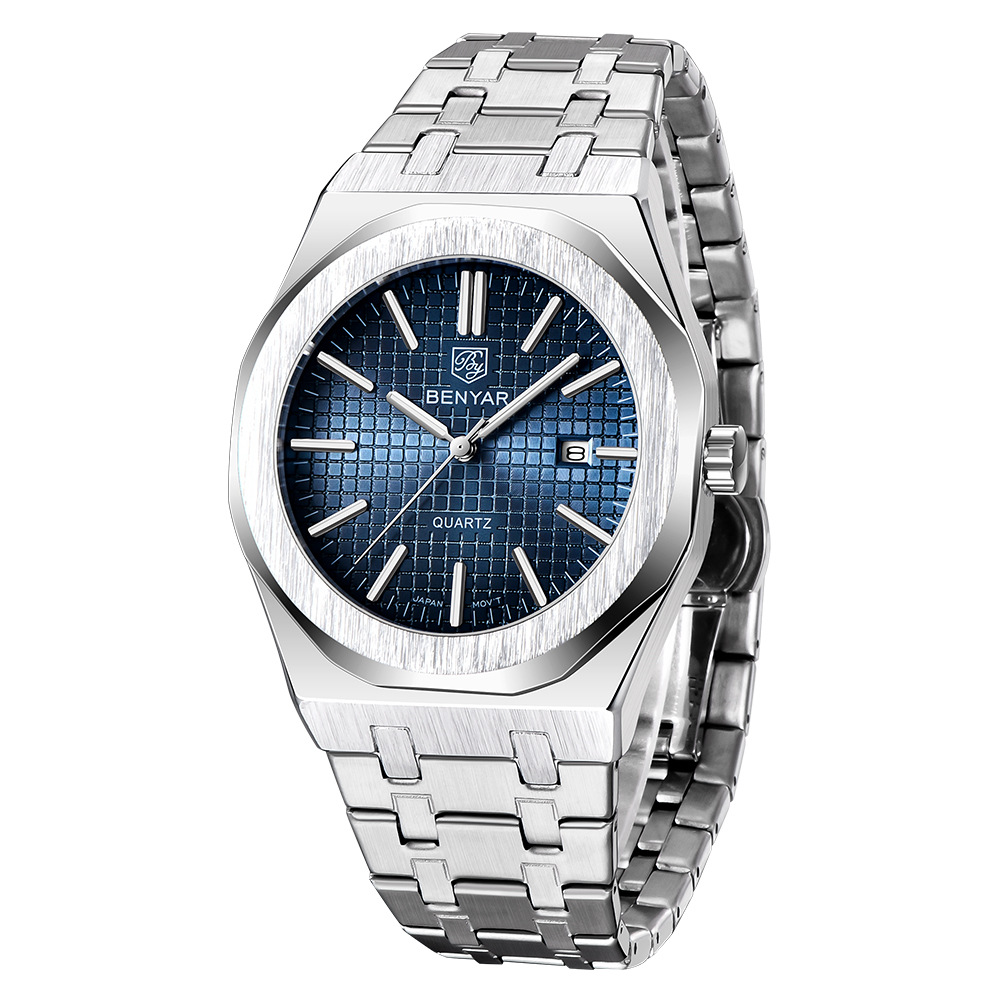 Binya BENYAR correa de acero reloj de cuarzo para hombre reloj de moda simple impermeable reloj luminoso para hombre nuevo 5156