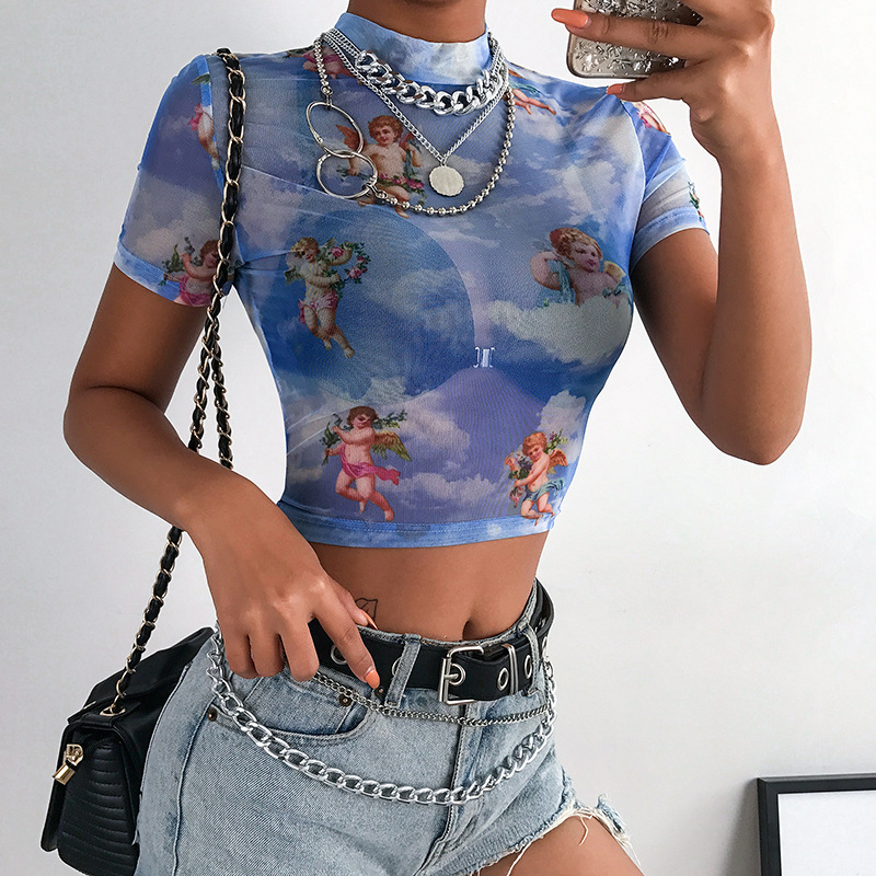 2020 primavera AliExpress Venta caliente nueva ropa de mujer temporada Cupido impreso manga corta camiseta base de malla