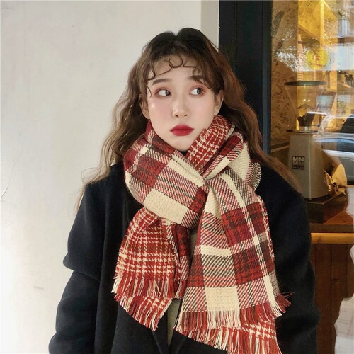 Retro plaid scarf Korean version for women, versatile autumn and winter double-sided thickened houndstooth shawl Japanese student scarf trend