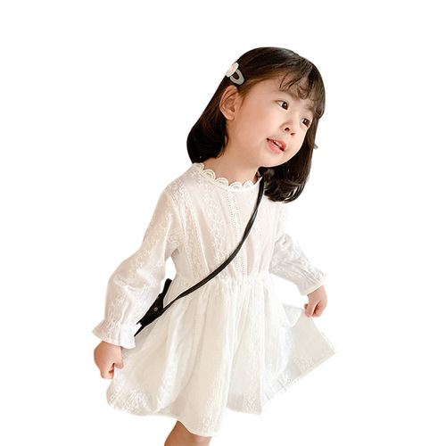  Spring and Autumn Girls White Lace Dress Children's Long Sleeve Princess Dress Western Style Girl Palace Style A-Line Dress