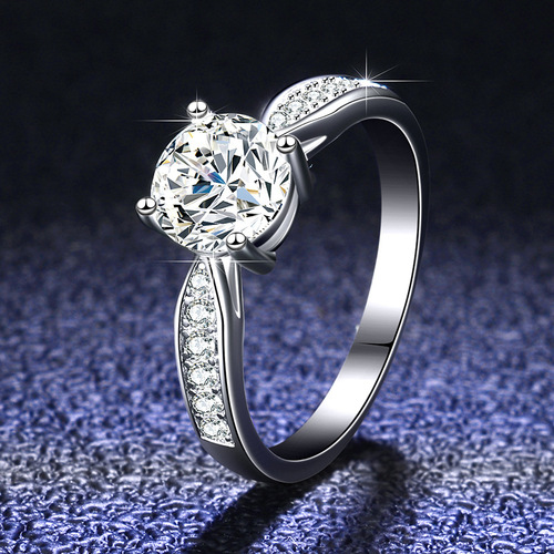 Pure Silver Four-claw Halo Diamond Engagement Ring for Women 1 Carat Moissanite Engagement Ring Set with Pure Silver Moissanite Stud Earrings