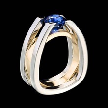 禾呈wish热卖欧美创意几何蓝宝石双色镀金女士戒指，订婚戒指。