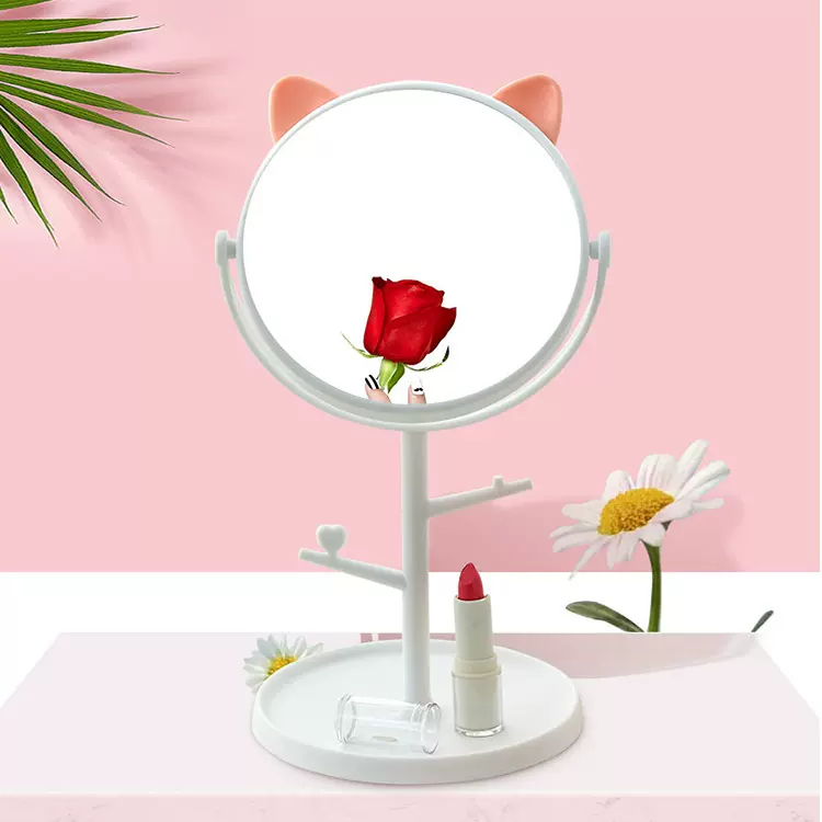 猫耳台式单面梳妆镜桌面公主镜高清梳妆台镜子化妆镜卡通小圆镜