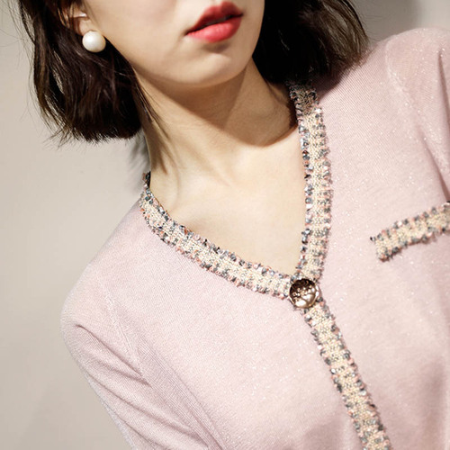 Xiaoxiangfeng tassel lace V-neck elegant glittering ice silk sweater  new thin women's short-sleeved top