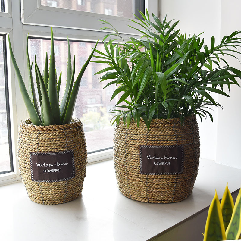 Straw Flower Pot Rattan Large Flower Pot Set Woven Handmade Living Room Balcony Hotel Decorative Flower Basket Flower Pot