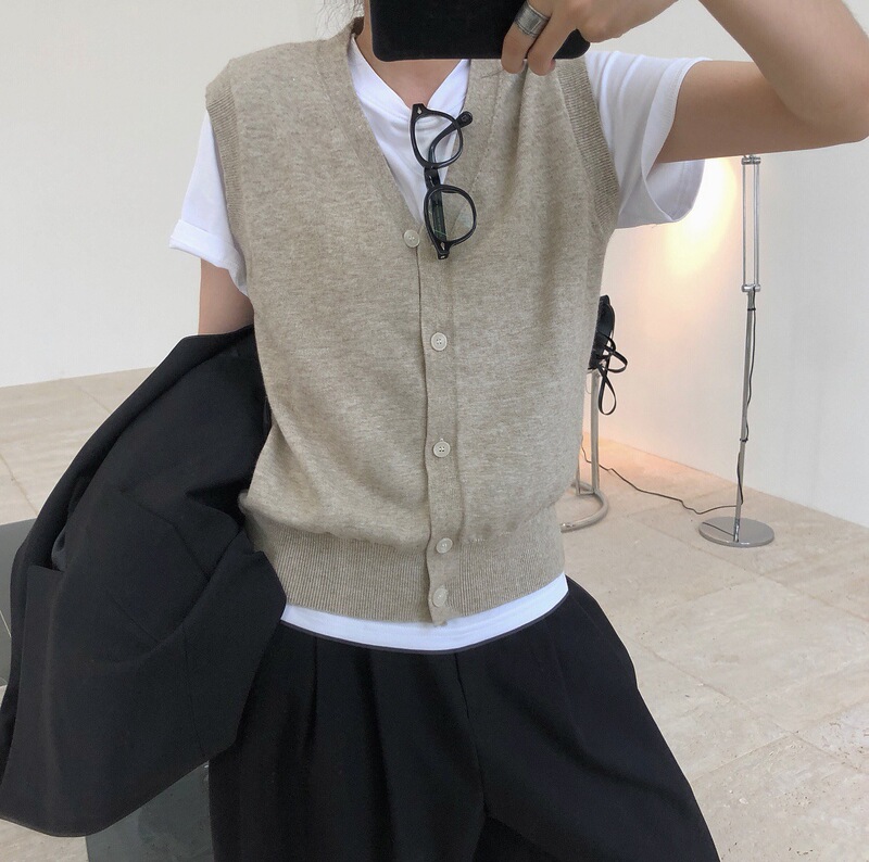 Spring New Korean ins Simple Fashionable V-Neck Knitted Vest Cardigan Casual Loose Slimming Sleeveless Vest Top for Women
