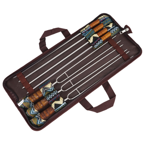 Korean outdoor BBQ grilling needle barbecue fork barbecue skewers portable stainless steel U-shaped wooden handle picnic 7-piece set wholesale
