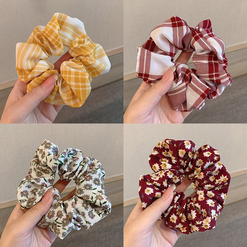 JK anillo de pelo de intestino grueso anillo de intestino grueso de cerdo ins simple Plaid grasa salchicha cabeza cuerda retro francés satén brandy accesorios para el cabello