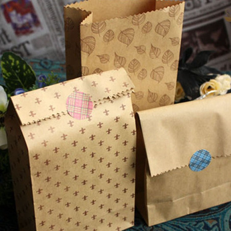 彩色食品纸方底袋牛皮纸袋子不干胶贴口烘焙纸袋彩印纸食品包装袋