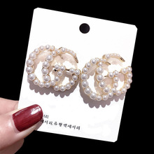 925银针韩版时尚双G字母潮流个性百搭气质闪亮珍珠耳钉女地摊现货