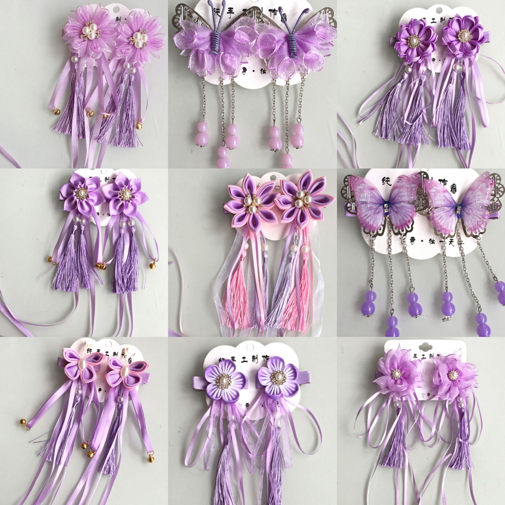 紫色系和风花朵发夹古风流苏飘带发饰汉服古装头饰儿童唐装边夹子