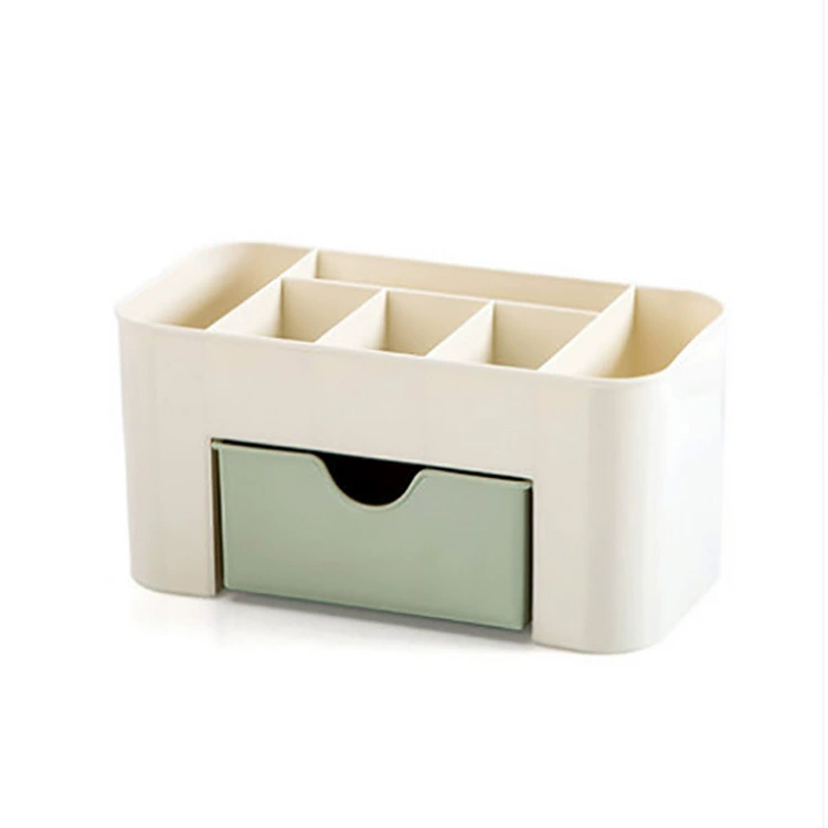 Cosmetic storage box, multi-compartment with drawer, light blue/green/pink