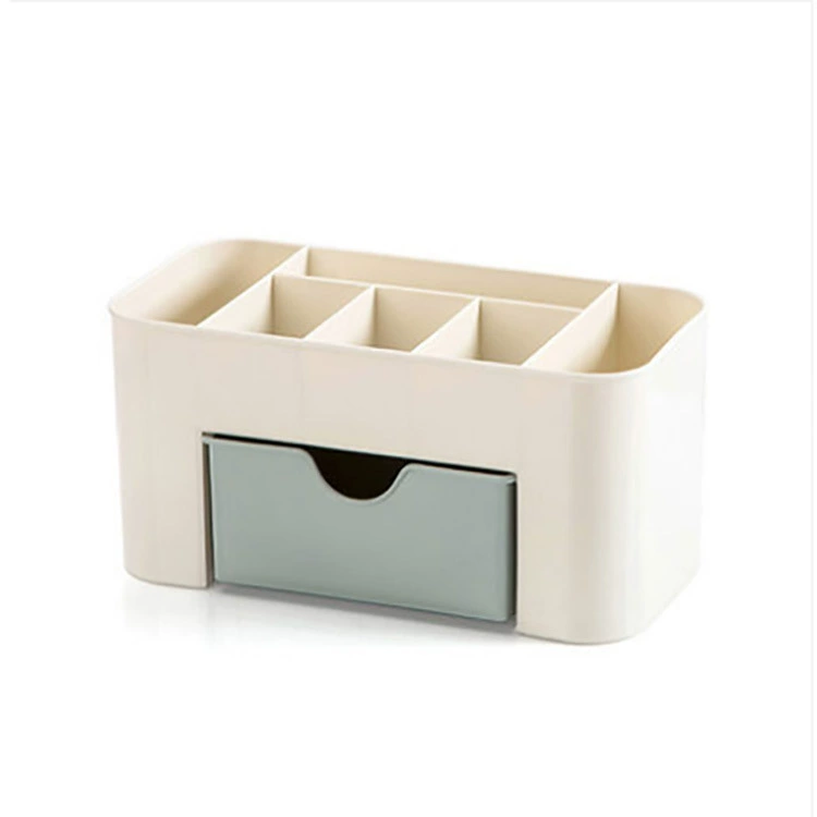 Cosmetic storage box, multi-compartment with drawer, light blue/green/pink