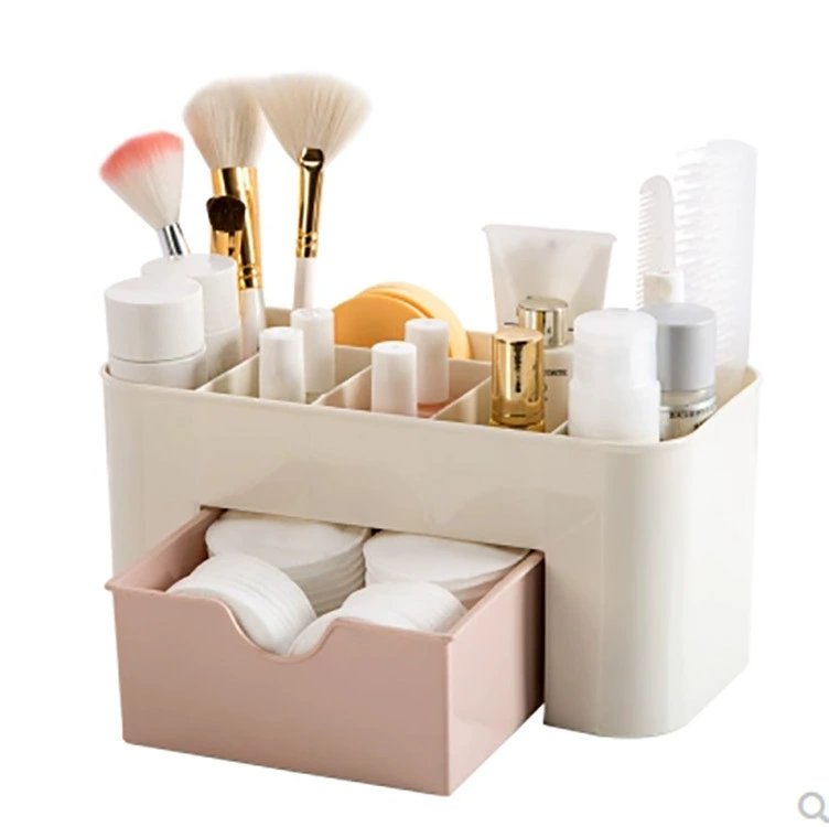 Cosmetic storage box, multi-compartment with drawer, light blue/green/pink