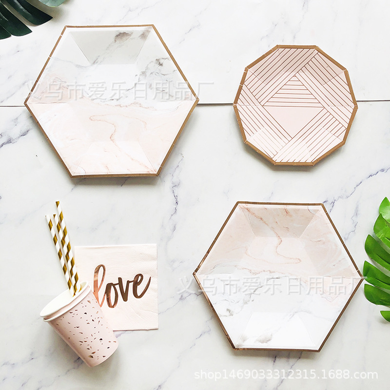 New Rose Gold Marble Hexagonal Paper Tray Paper Cup Letters Love Paper Towel Tableware Disposable Party suit