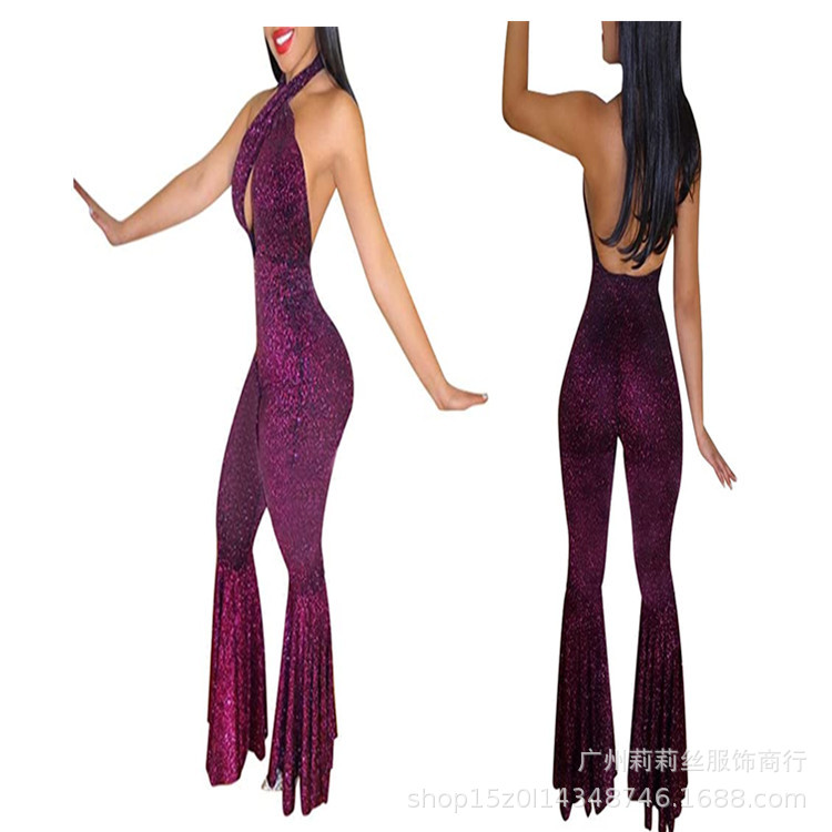 Amazon ebay jumpsuit wanita baru halter berenda punggung terbuka satu potong seksi tanpa lengan celana panjang menyala ramping