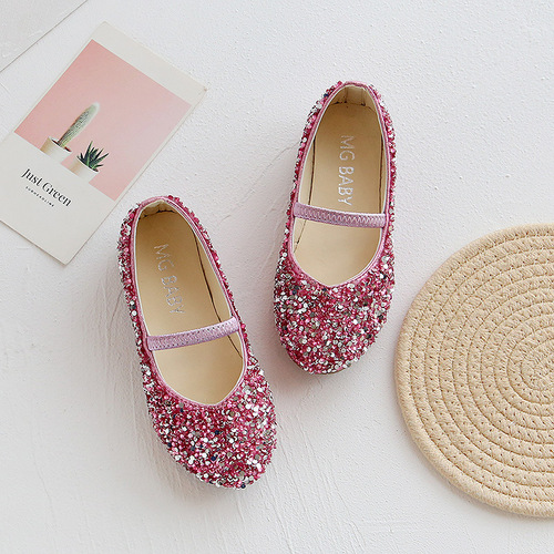 Little girl princess shoes, sequined performance shoes, small pointed toe girls' pumps, small and medium-sized children's leather shoes wholesale