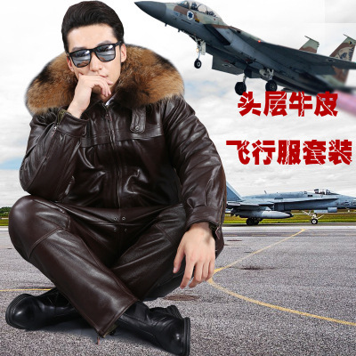 Genuine Leather Leather Pants Set Men's Motorcycle Top Layer Cowhide Leather Motorcycle Harley Air Force Pilot Leather Jacket