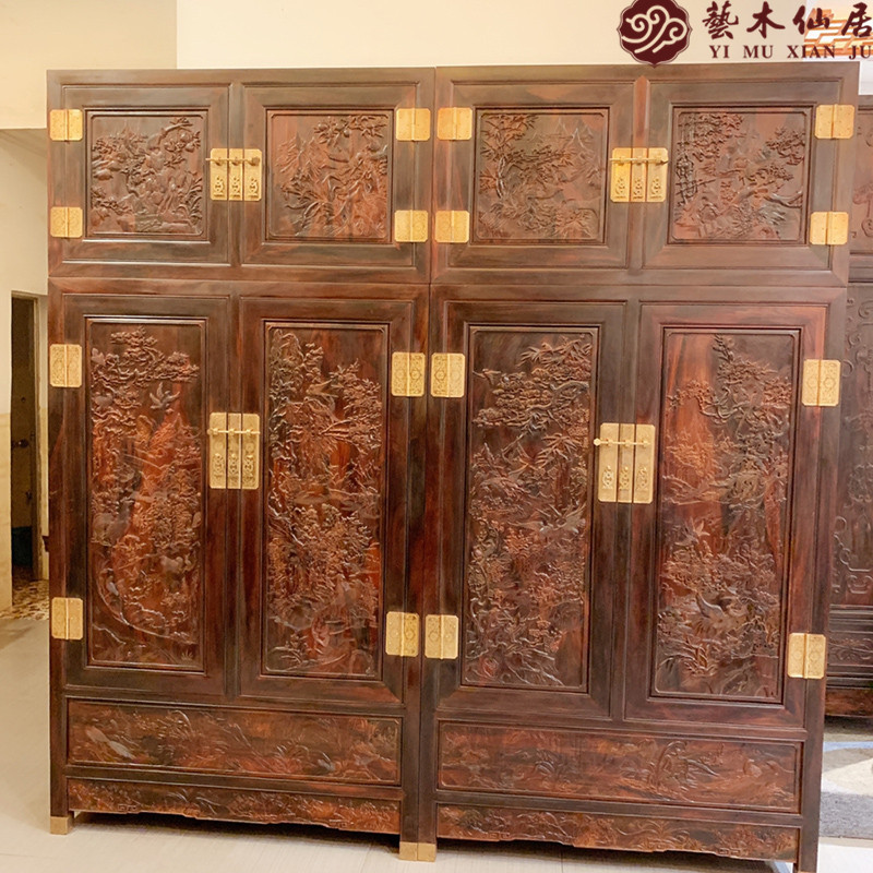 Yimu Xianju fairy big red rosewood carved bird top cabinet cross toe rosewood wardrobe wall locker