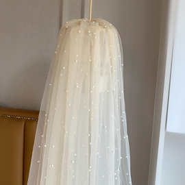 ins网纱菱形网眼布钉珠布料 立体高亮珍珠网纱汉服洛丽塔桌布面料