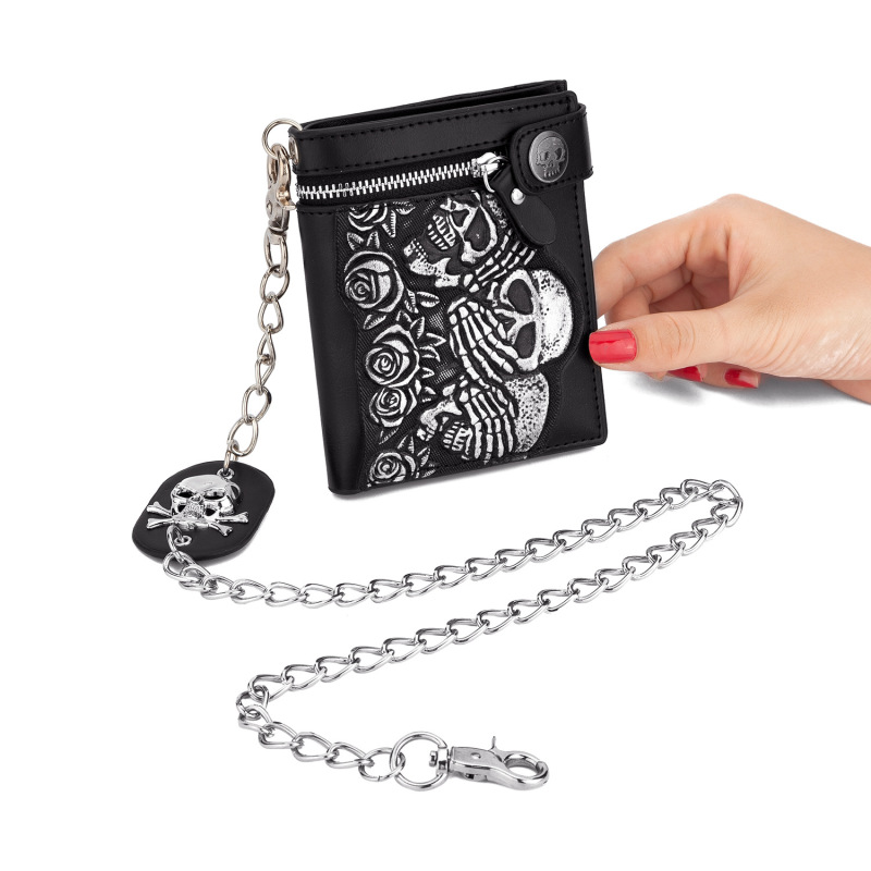 Cross-Border Exclusive Wallet with Rose Skull Design, Anti-Theft Chain, Trendy Long and Short Styles, Leather Motorcycle Wallet