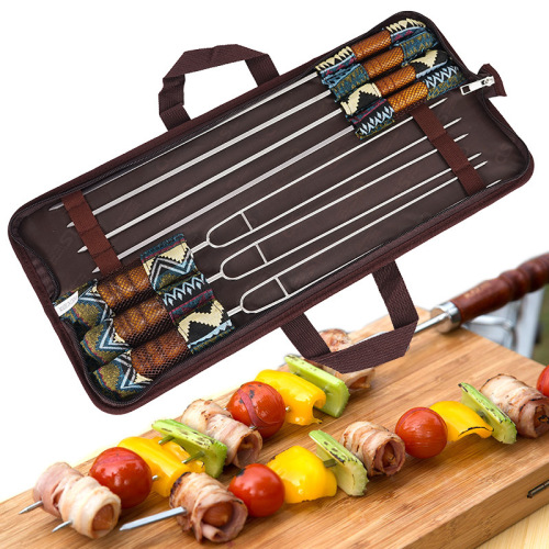 Korean outdoor BBQ grilling needle barbecue fork barbecue skewers portable stainless steel U-shaped wooden handle picnic 7-piece set wholesale