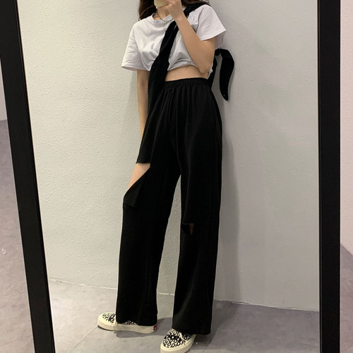 High-waisted ripped pants for women, summer design, niche, thin, casual, drapey, wide-leg pants, floor-length pants, sweatpants, trendy women's clothing