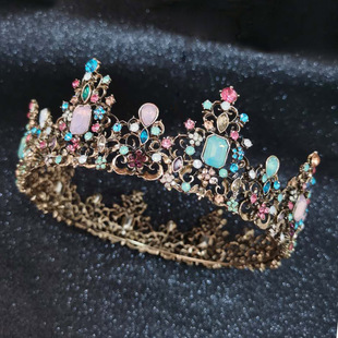 Explosions European and American Luxury Vintage Color Diamond Large Round Bride Wedding Crown Queen's Birthday Crown Studio Hair Accessories