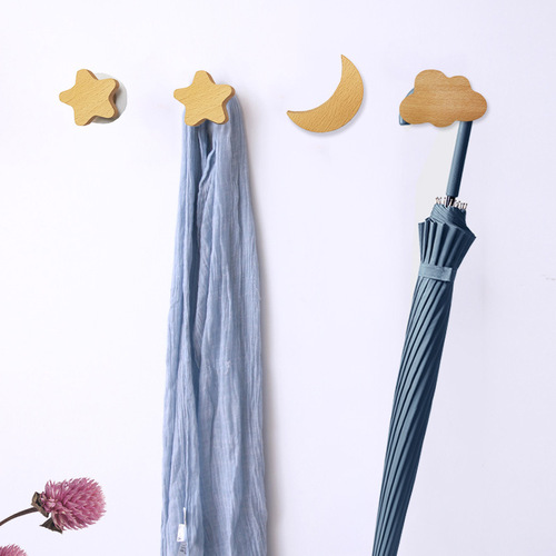 Nordic solid wood hook star moon wall hook wall coat hook free of punching wooden entrance wall hanger