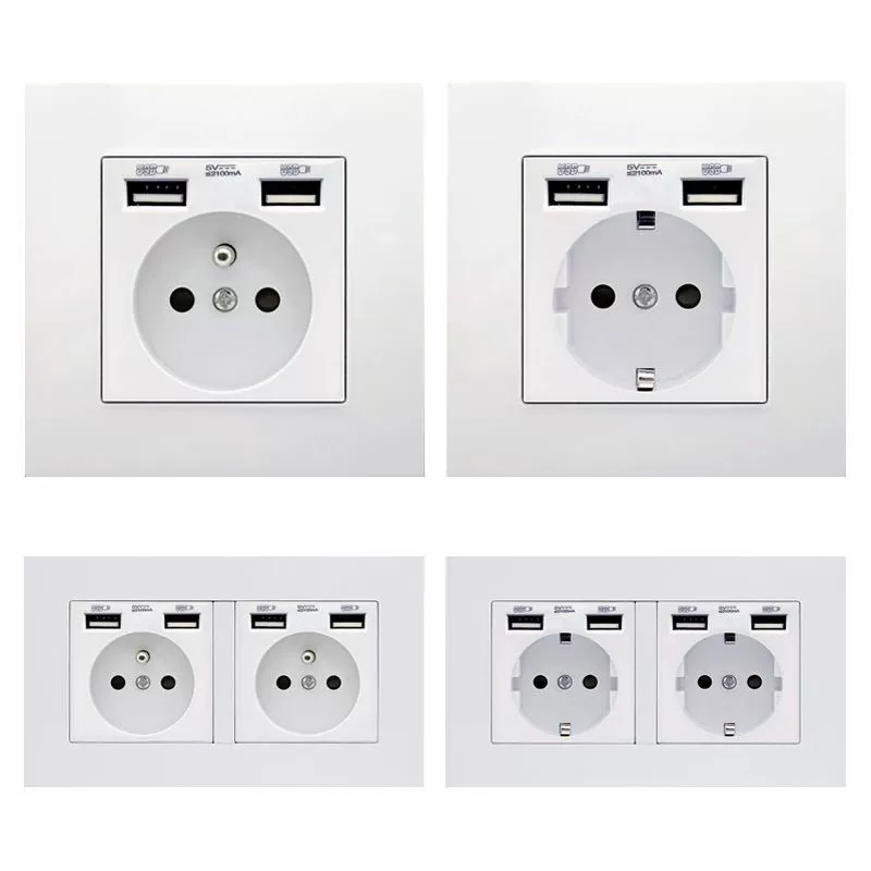 Европейская панель настенного розетка, двойной USB, стандарт Франции/Германии, варианты из прозрачного стекла и нержавеющей стали