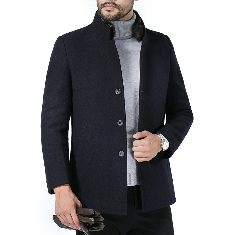 Carefully Selected Winter Men's Woolen Coat with Stand Collar, Short Style, Thickened with Fur Lining for Middle-Aged Men