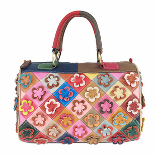 Foreign trade fashion women's bag cowhide hand-held crossbody bag handmade rhombus flower bag plum bag casual women's bag