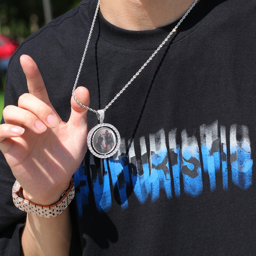 New style rotatable double-sided photo pendant copper inlaid with zircon color photo necklace for men and women couple trendy brand versatile