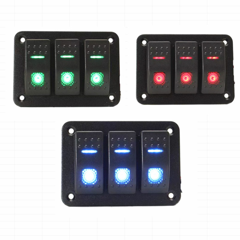 热销车船通用三位开关面板3路5P脚组合开关盖子图案LED灯颜色可选