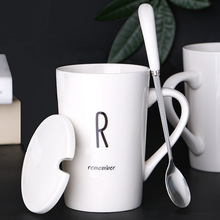 热销个性字母陶瓷水杯马克杯子带盖勺情侣杯可定logo咖啡牛奶杯