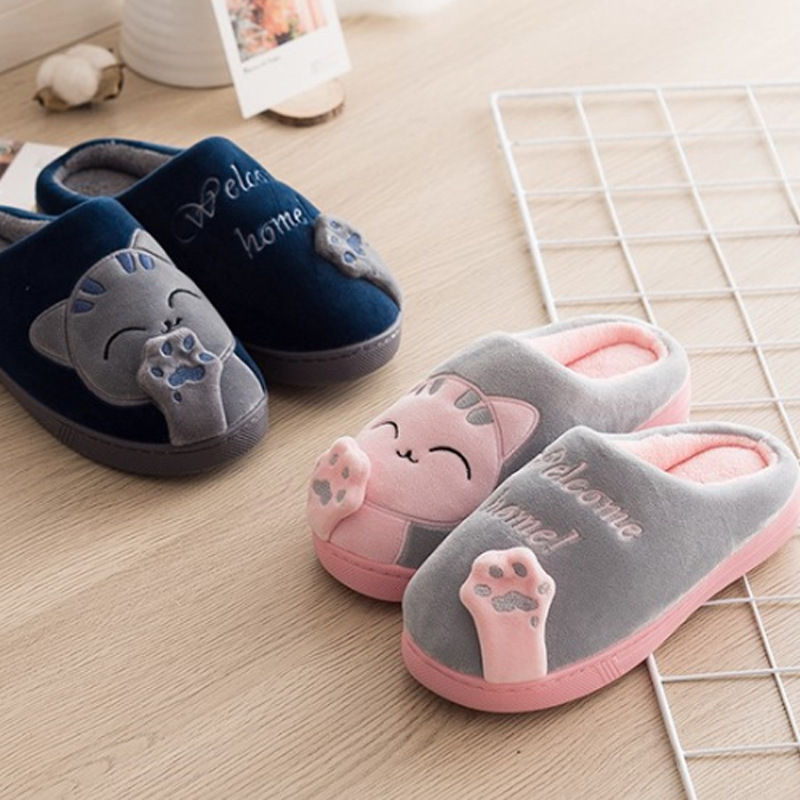 Home Women's Plus Size Cotton Slippers Indoor Winter Couple Cute Cartoon Kitten Fleece Soft Bottom Cotton Slippers
