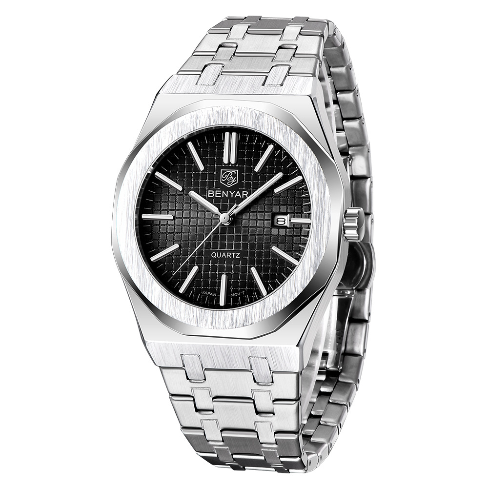Binya BENYAR correa de acero reloj de cuarzo para hombre reloj de moda simple impermeable reloj luminoso para hombre nuevo 5156
